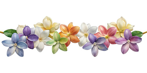 Vibrant watercolor floral border with an array of pastel blossoms isolated on transparent background