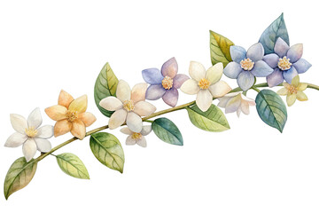 Watercolor floral branch with delicate pastel flowers and leaves isolated on transparent background
