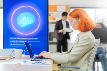 business professional uses an AI-powered assistant and big data analytics on a smartphone to strategize fintech consulting, financial planning, and data-driven investment insights within a modern