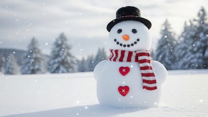 Obraz premium A happy snowman with a black hat, striped scarf, and heart buttons stands in a snowy winter scene