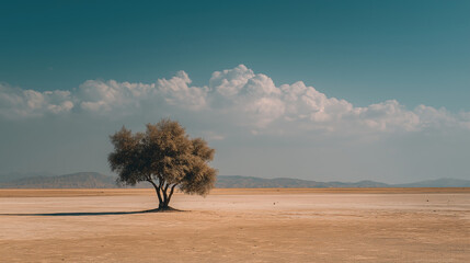 Desert lonely tree vast sand sea distant mountains natural landscape, wallpaper design travel promotion material