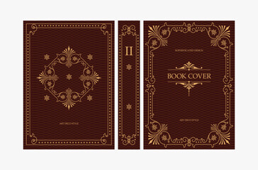 Classic vintage book cover and spine with gold and black art deco, art nouveau ornament, decorative frame, elegant retro style for classic publications, posters, artistic layouts