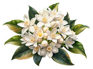 Fragrant white orange blossom flowers with fresh green leaves isolated on transparent background