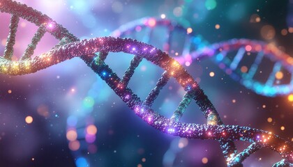 Stunning DNA strand glows with vibrant colors representing scientific breakthroughs and genetic research, perfect for biotech and healthcare marketing