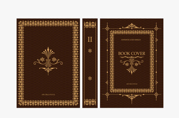 Classic vintage book cover and spine with gold and black art deco, art nouveau ornament, decorative frame, elegant retro style for classic publications, posters, artistic layouts