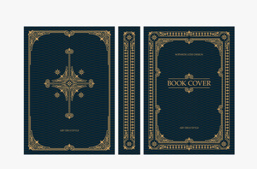 Classic vintage book cover and spine with gold and black art deco, art nouveau ornament, decorative frame, elegant retro style for classic publications, posters, artistic layouts