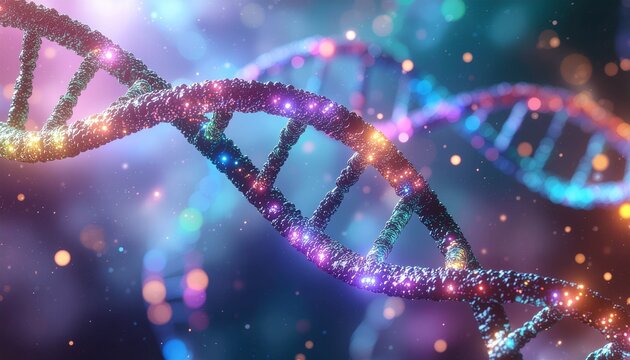 Stunning DNA strand glows with vibrant colors representing scientific breakthroughs and genetic research, perfect for biotech and healthcare marketing