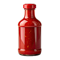 A vibrant red glass bottle filled with spicy sauce stands against a stark black background.