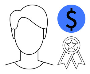 Head outline representing a person next to a dollar icon and an award ribbon. Ideal for success, achievement, finance, talent, recognition, reward, or professional growth. Simple flat metaphor