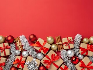 Top view photo of Christmas decorations, gift boxes, ornaments, and festive elements arranged around the edges on a clean background with copy space, ideal for holiday designs, greetings, and seasonal