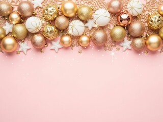 Top view photo of Christmas decorations, gift boxes, ornaments, and festive elements arranged around the edges on a clean background with copy space, ideal for holiday designs, greetings, and seasonal