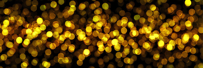 Abstract gold bokeh lights vibrant background dark, sparkling defocused circles glow overlay banner