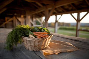 Fresh vegetable basket on rustic wooden table