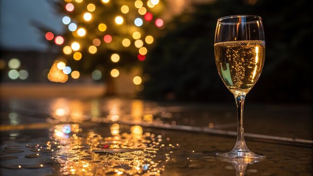 Magical reflections of tree lights dancing on champagne surface during a festive evening celebration