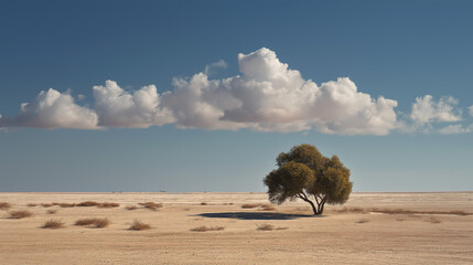 Desert landscape solitary tree sand sea blue sky white clouds natural tranquil, desktop wallpaper nature design material