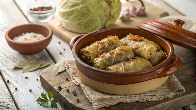Rustic overhead view of freshly cooked sarma served in a traditional dish with aromatic herbs and spices