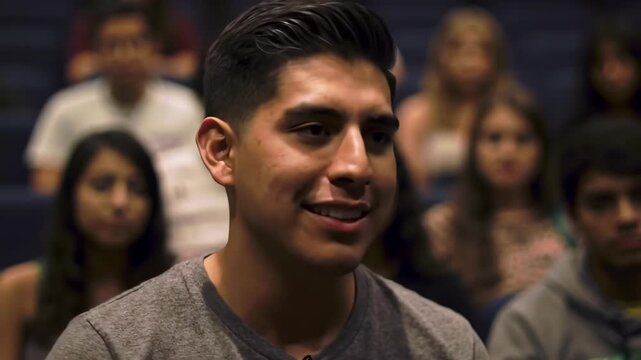 Young adult man speaking in auditorium with diverse audience, education and students.
