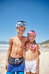 Portrait, smile and kids hug at beach for travel, holiday adventure and bonding together. Happy,...