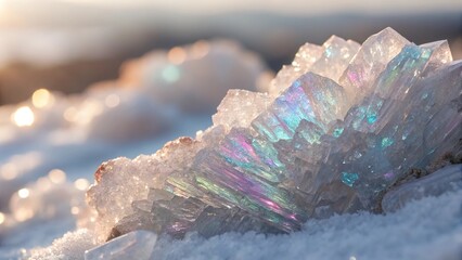 Shimmering mica mineral sparkling in sunlight on a snowy landscape during winter season at a remote location
