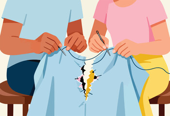 Two people are depicted mending a torn blue shirt with needles and thread, focusing on repairing