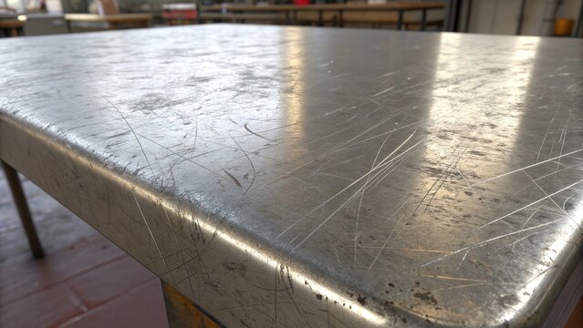 Scratched aluminum sheet reveals wear and usage in a workshop setting during daylight hours