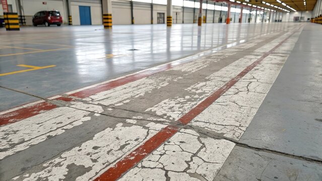 Scratched floor paint lines in large, empty warehouse space during daylight hours
