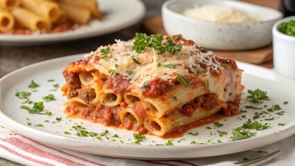 Slice of baked ziti garnished with parsley on a plate, served with a side of grated cheese and sauce at a cozy dining setting