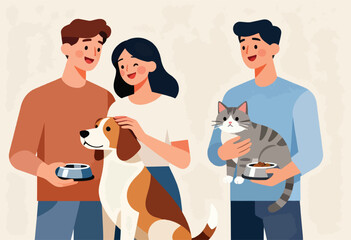 Illustration showing three people with pets a dog being pet and a cat held, each with food bowls