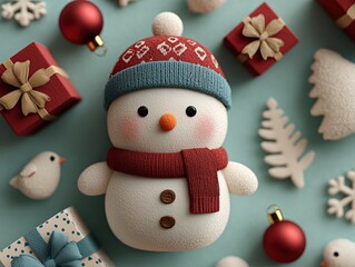 Christmas Flat-lay 3D Scene with Snowman, Red Gift Boxes and Golden Decorations
