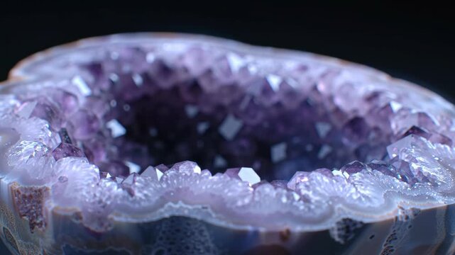 Close-up of amethyst geode slice with purple crystals and mineral formations, shrouded in smoke.