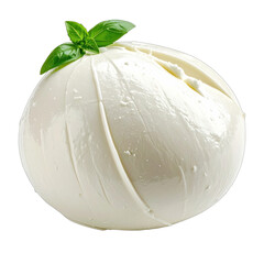 A single fresh ball of mozzarella cheese with basil garnish isolated on black.