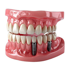 3D illustration of a dental model showcasing upper and lower arches with multiple tooth implants on a black background.