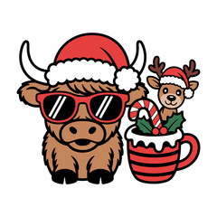 Highland Cow and Reindeer Christmas Cartoon Illustration