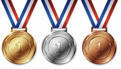 Gold, silver, and bronze medals. Realistic 3D award medals with ribbons, symbolizing first, second, and third place in sports, competitions, and athletic events. Vector illustration.
