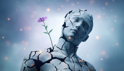 Life and freedom and hope concept , Imagination of surreal scene flower with broken human sculpture, digital artwork illustration
