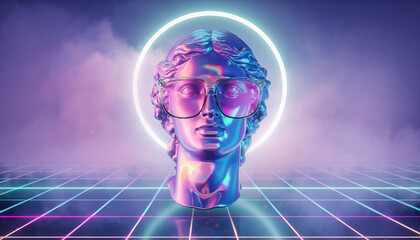 3D illustration of a holographic sculpture of a bust in glasses. Futuristic vaporwave style image.
