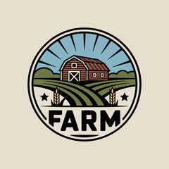 Barn with Wheat and Sunburst Farm Badge Illustration