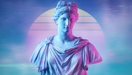 Classic statue background concept. Vaporwave style background. Classic sculpture with color distortion and colored lights. 3d render
