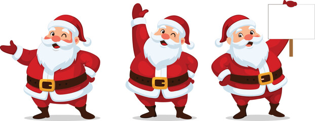 Three cheerful cartoon Santa Claus characters waving, presenting, and holding a blank sign for Christmas greetings, winter holiday, and New Year promotion themes, isolated on white.