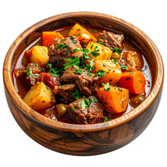Hearty beef stew in wooden bowl isolated on transparent background