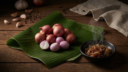 Red Shallots And Garlic On Banana Leaf With Spices And Onion Relish Dark Food Photography