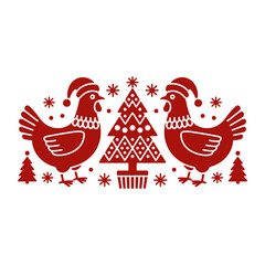 Chickens with Christmas Tree Holiday Scene Illustration