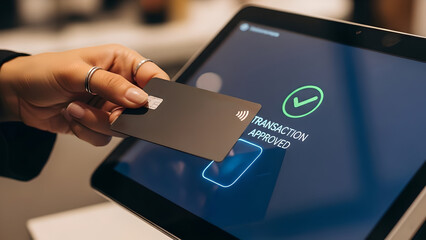 Contactless payment transaction, Tapping Credit Card on POS Terminal for Contactless Payment