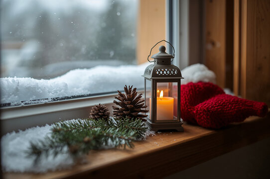 A lit candle lantern on a snowy window sill with pine branches and pinecones, symbolizing winter comfort, Christmas holidays, and a cozy indoor atmosphere. - Powered by Adobe