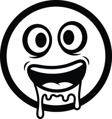 A black and white cartoon graphic of a crazed drooling smiley face with wide excited eyes and a huge open mouth.
