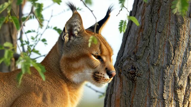 Focused Caracal cat with black ears among tree branches. Wildlife, nature, animal.