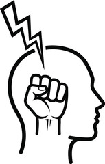 A black line art icon of a human head profile with a clenched fist inside struck by a powerful lightning bolt.