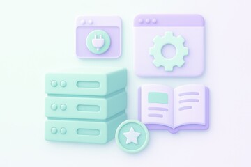Digital ecosystem featuring soft pastel colors with 3D icons representing data management systems tools and content organization creating an inviting technological ambiance