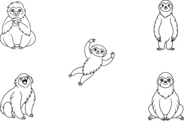Fototapeta premium Different poses of sloths blank line art set vector