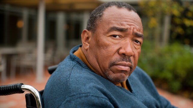 A man sits in a wheelchair, gazing thoughtfully into the distance on a sunny afternoon. He is surrounded by greenery and the warmth of the day, lost in his own reflections
